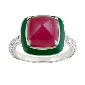 Natural Pyramid Cut Ruby & Diamond Enamel Cocktail Ring In 18K White Gold Jewelry