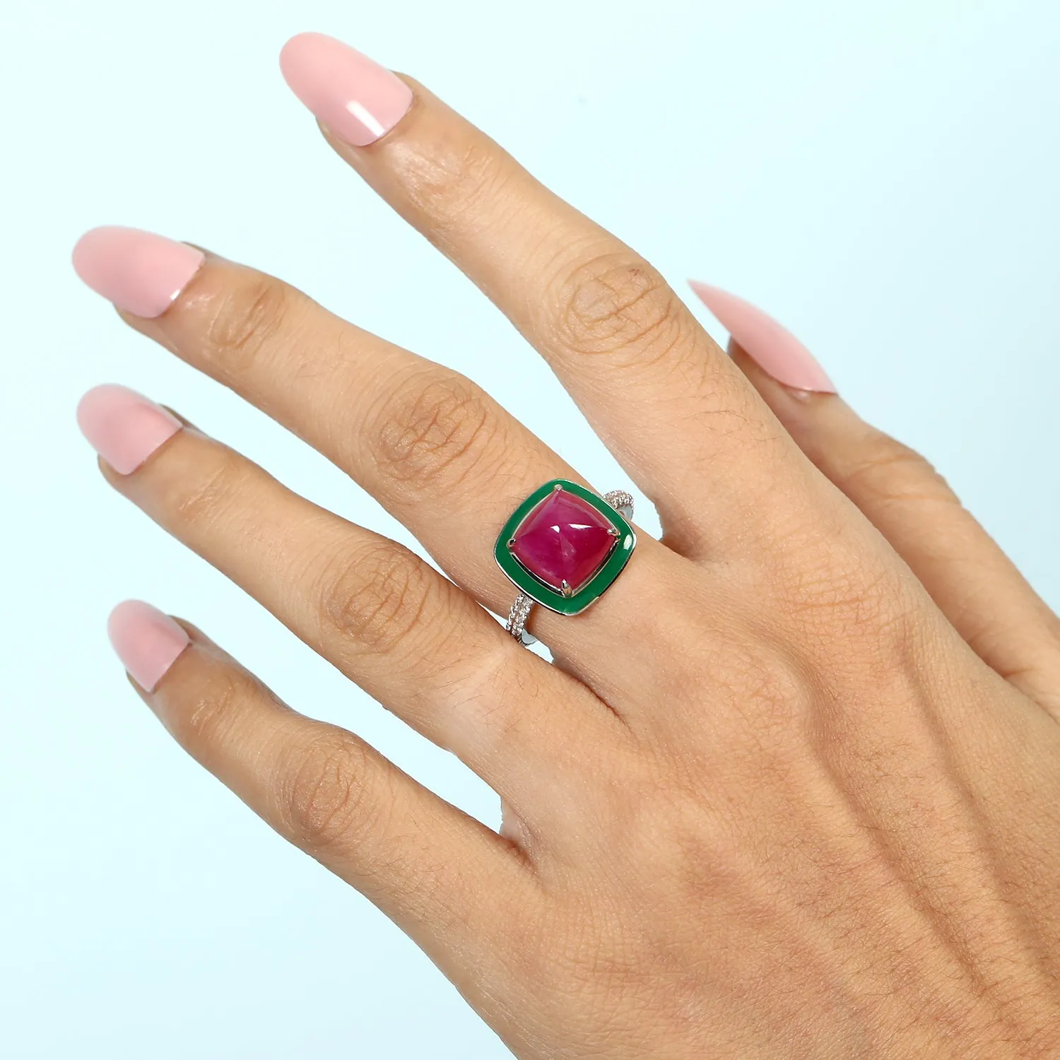 Natural Pyramid Cut Ruby & Diamond Enamel Cocktail Ring In 18K White Gold Jewelry