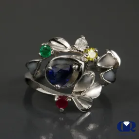 Natural Sapphire Diamond and Gemstone Cocktail Ring Right Hand Ring 14K Gold