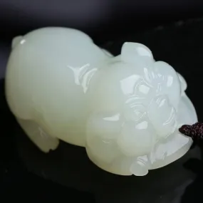 Nephrite White Jade, Lucky Pig Pendant Necklace