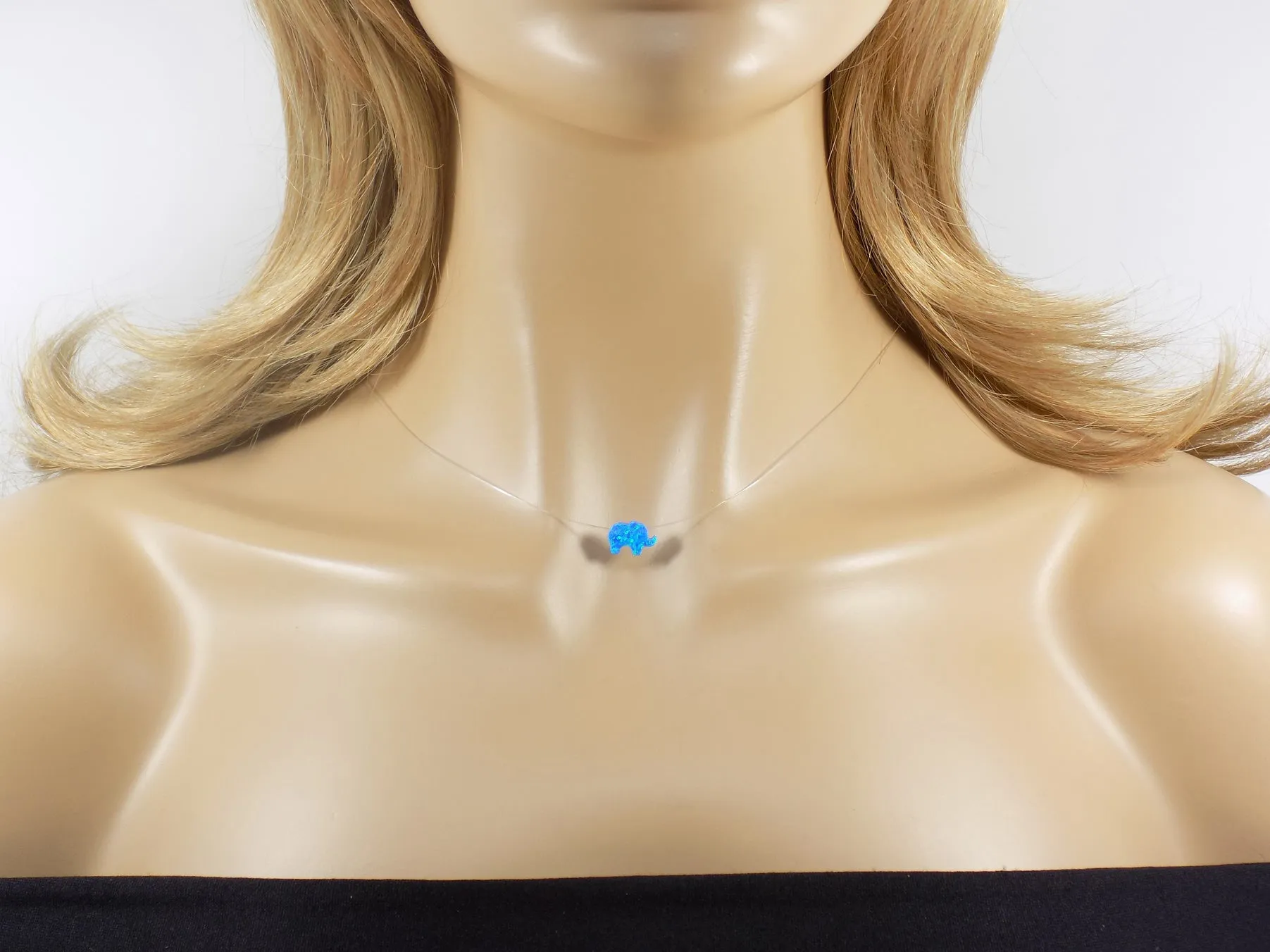 Opal Elephant Necklace Floating Invisible Illusion. Opal Elephant Pendant Charm Fishing Line Choker