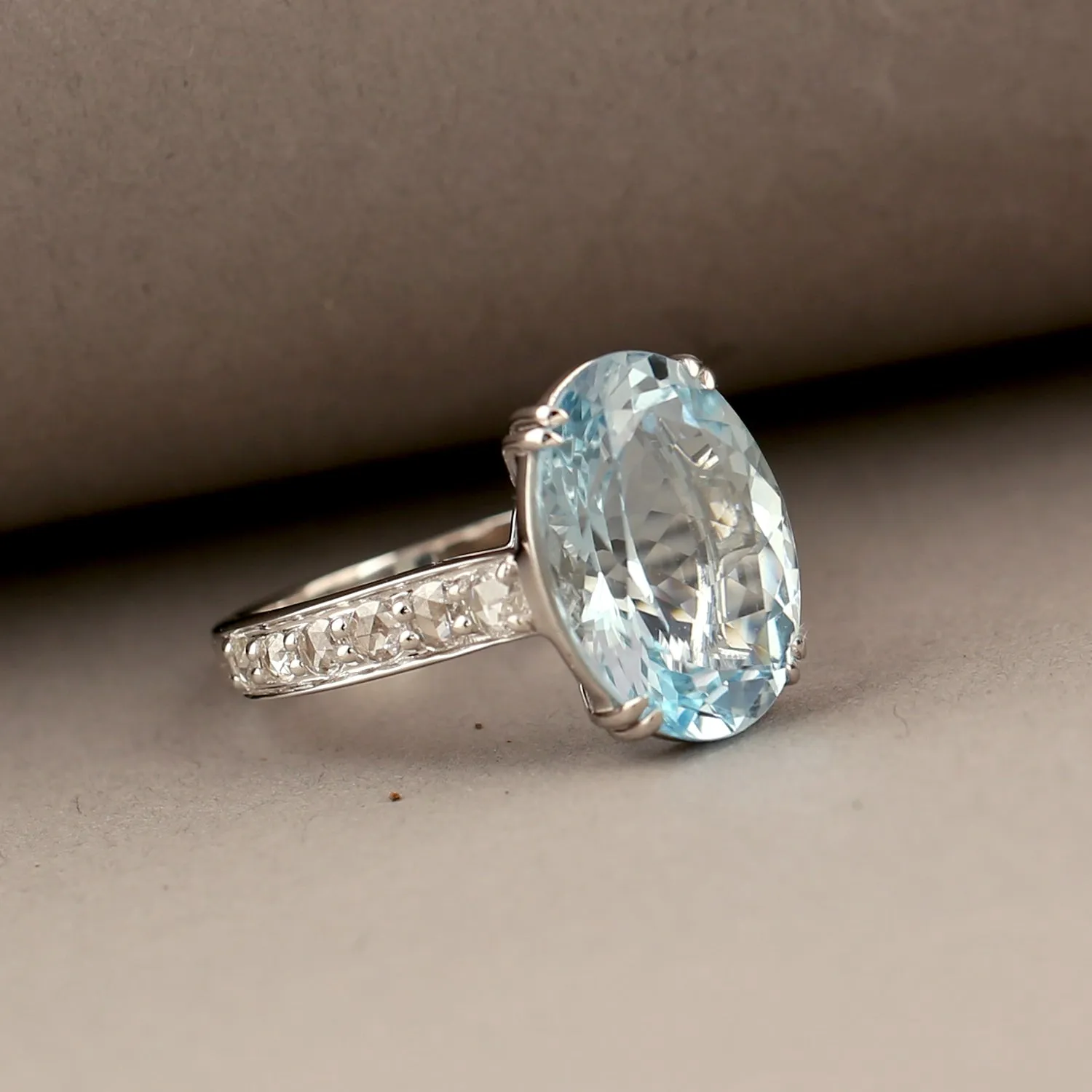 Oval Aquamarine Diamond Prong Set Ring In 18k White Gold
