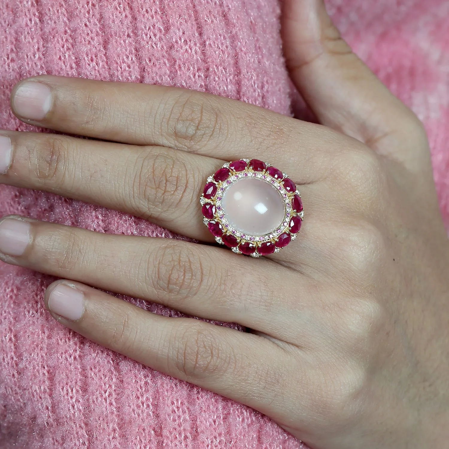 Oval Cut Ruby Quartz Sapphire Diamond Cocktail Wedding Ring For Her In 18k Gold