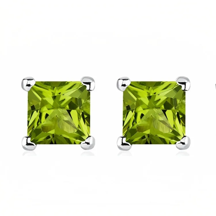 Paris Jewelry 18k White Gold 2 Pair Created Peridot 4mm Round & Princess Cut Stud Earrings Plated
