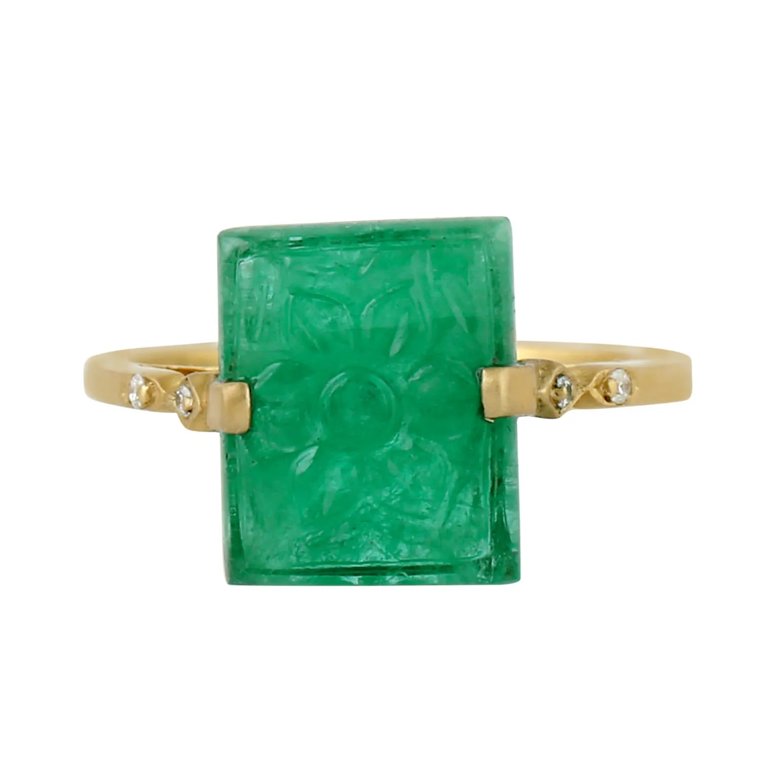 Pave Diamond Floral Emerald Gemstone Ring 18k Solid Yellow Gold