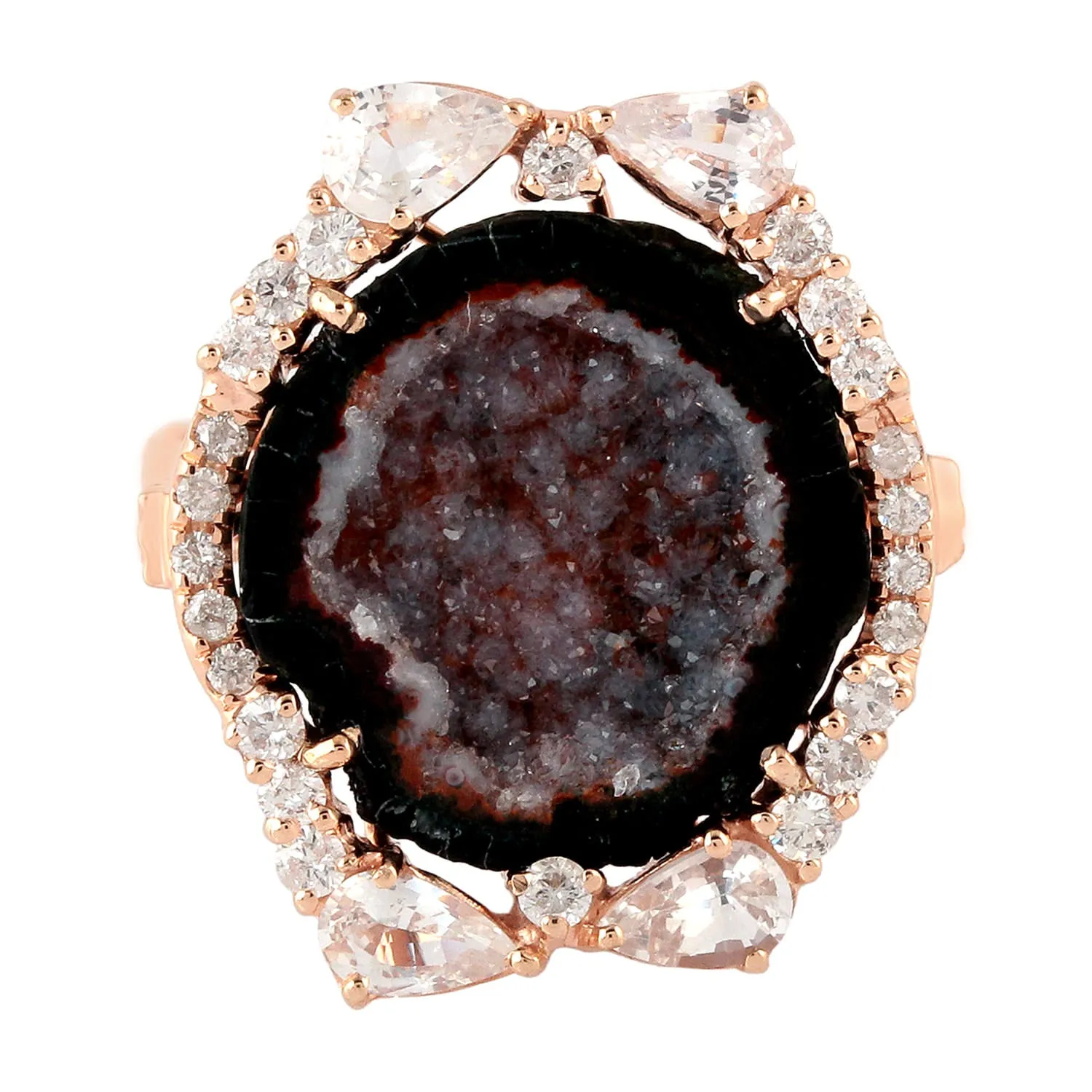 Pear Sapphire Uneven Geode Pave Diamond 18K Rose Gold Cocktail Ring For Her