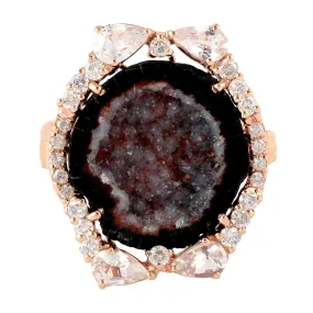 Pear Sapphire Uneven Geode Pave Diamond 18K Rose Gold Cocktail Ring For Her