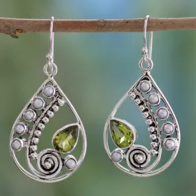 Pearl and Peridot Earrings Sterling Silver Jewelry  - Inspired Paisley | NOVICA