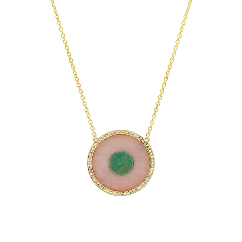 Pink Opal and Green Turquoise Inlay Evil Eye Necklace with Diamonds