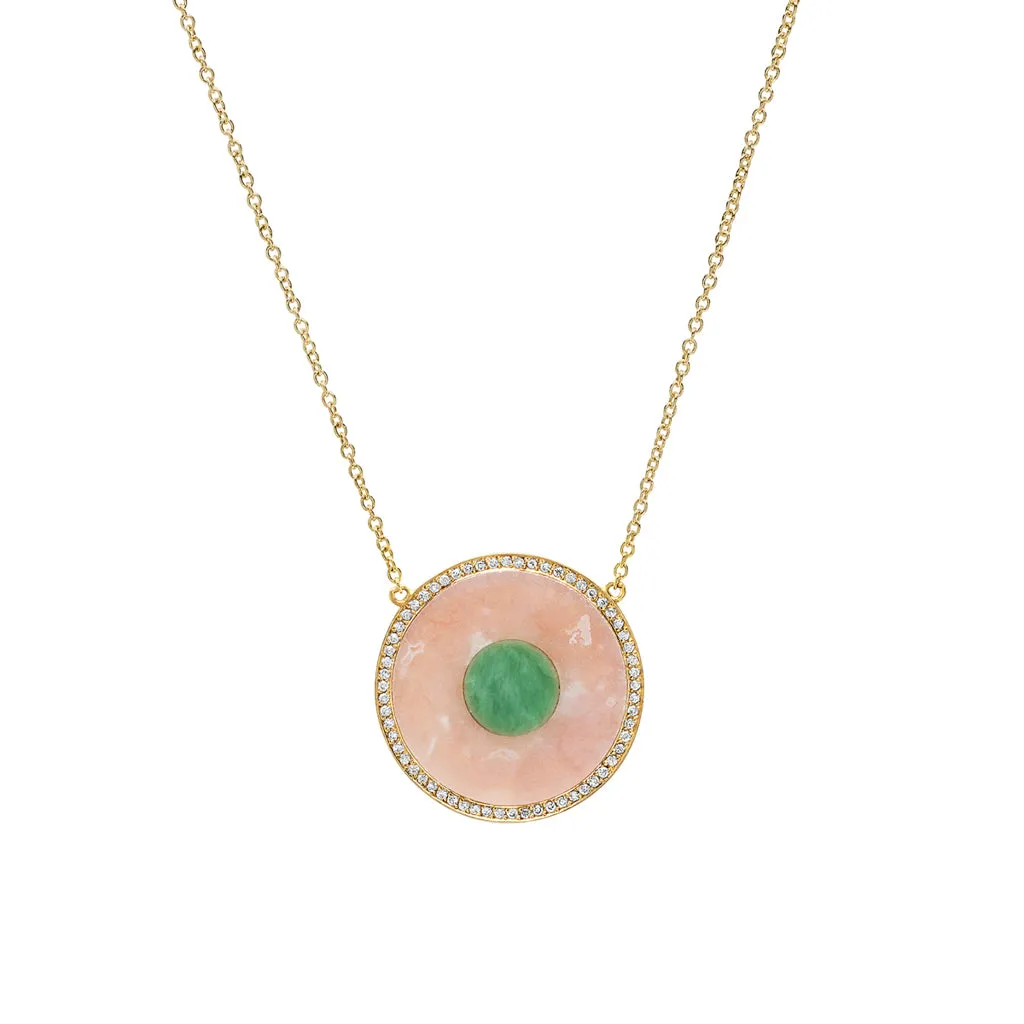 Pink Opal and Green Turquoise Inlay Evil Eye Necklace with Diamonds