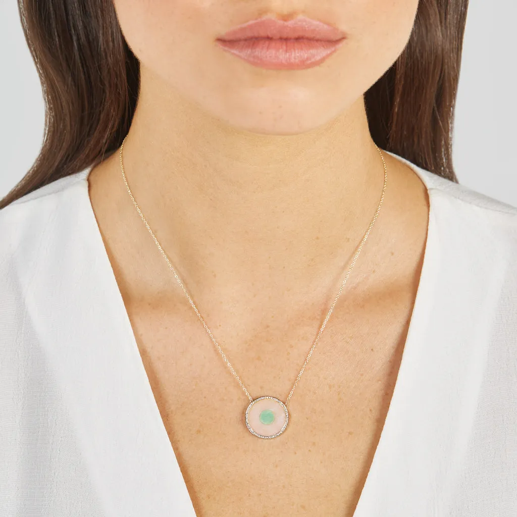 Pink Opal and Green Turquoise Inlay Evil Eye Necklace with Diamonds