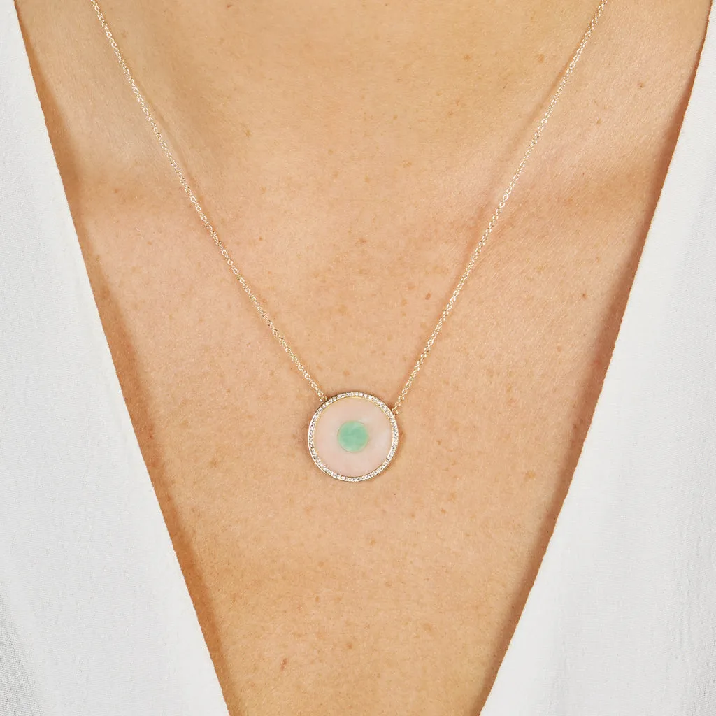 Pink Opal and Green Turquoise Inlay Evil Eye Necklace with Diamonds