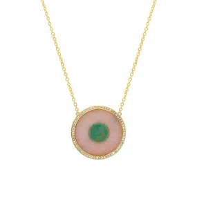 Pink Opal and Green Turquoise Inlay Evil Eye Necklace with Diamonds