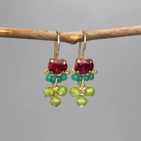 Pink Zircon Corundum Green Onyx Peridot Clover Earrings