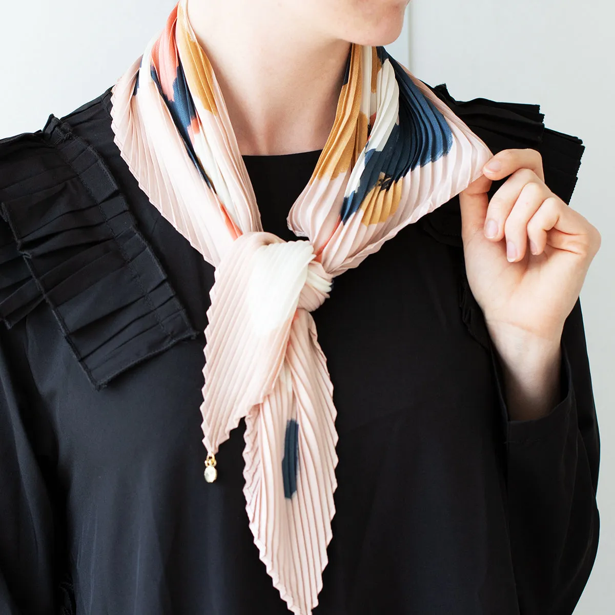 Pleated Floral Silky Scarf With Initial Charm