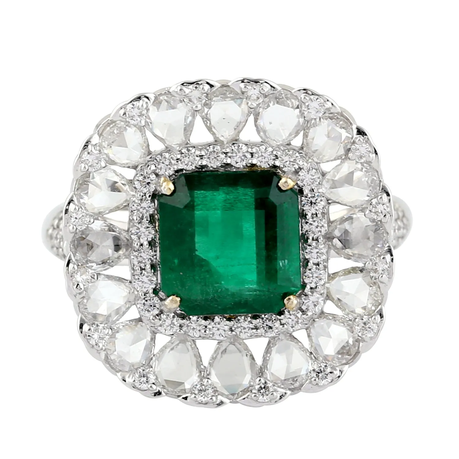 Prong Set Emerald Gemstone Cocktail Ring Size 7 Diamond 18k White Gold Jewelry