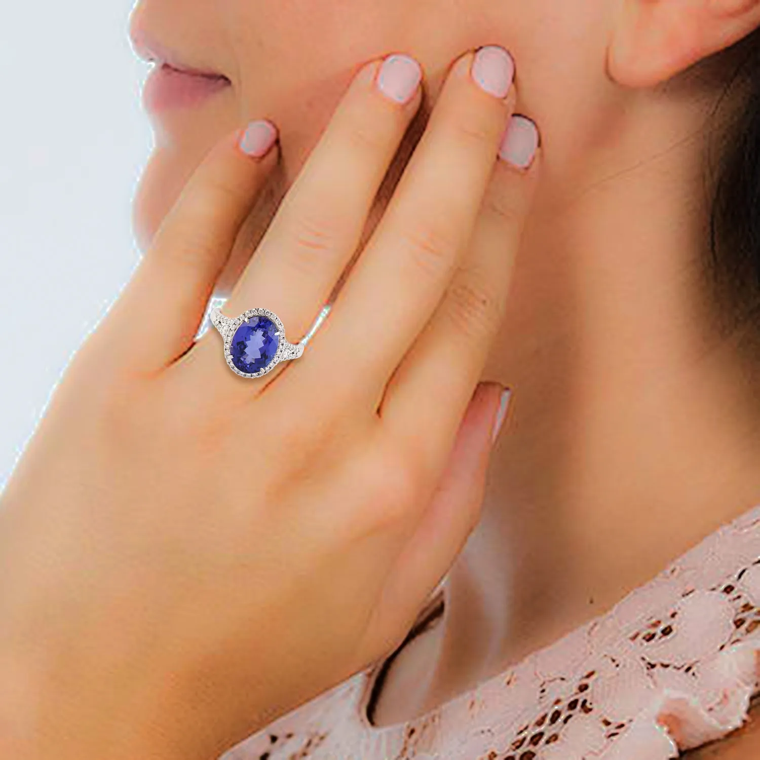 Prong Set Oval Cut Tanzanite Pave Diamond Cocktail Ring In 18k White Gold Gemstone Jewelry