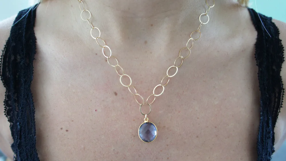 Purple Crystal Quartz on Gold Link Chain