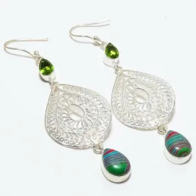 Rainbow Calsilica & Green Peridot Silver Plated Earrings