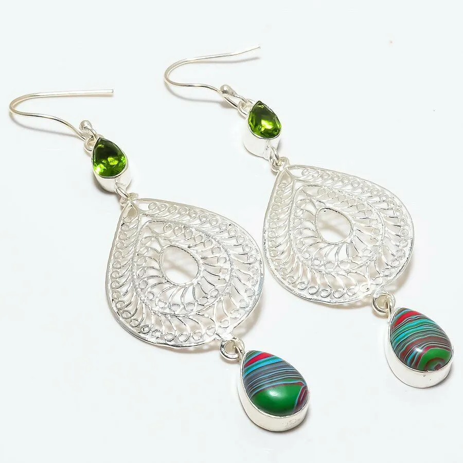 Rainbow Calsilica & Green Peridot Silver Plated Earrings