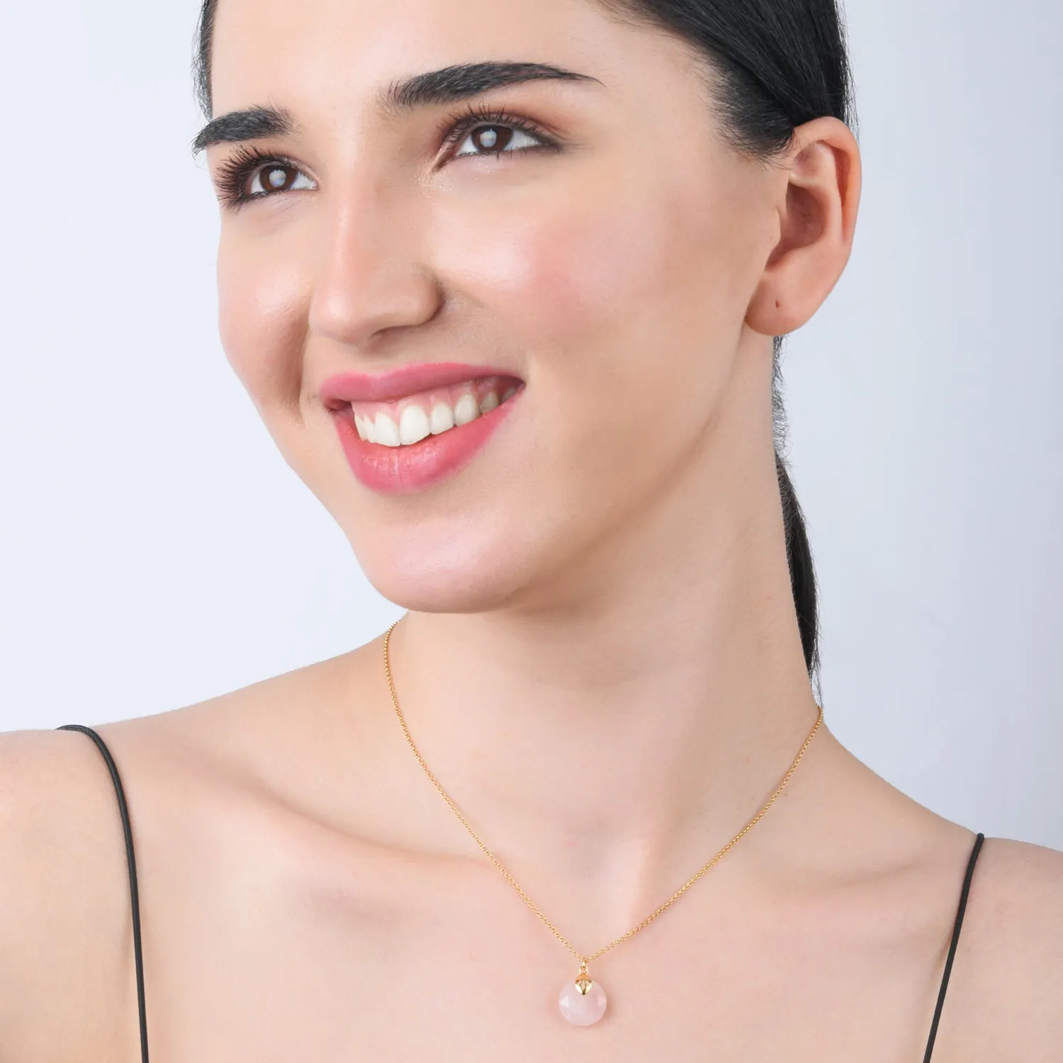 Real Gold Plated Circle Healing Stone Pendant Necklace Rose Quartz For Women