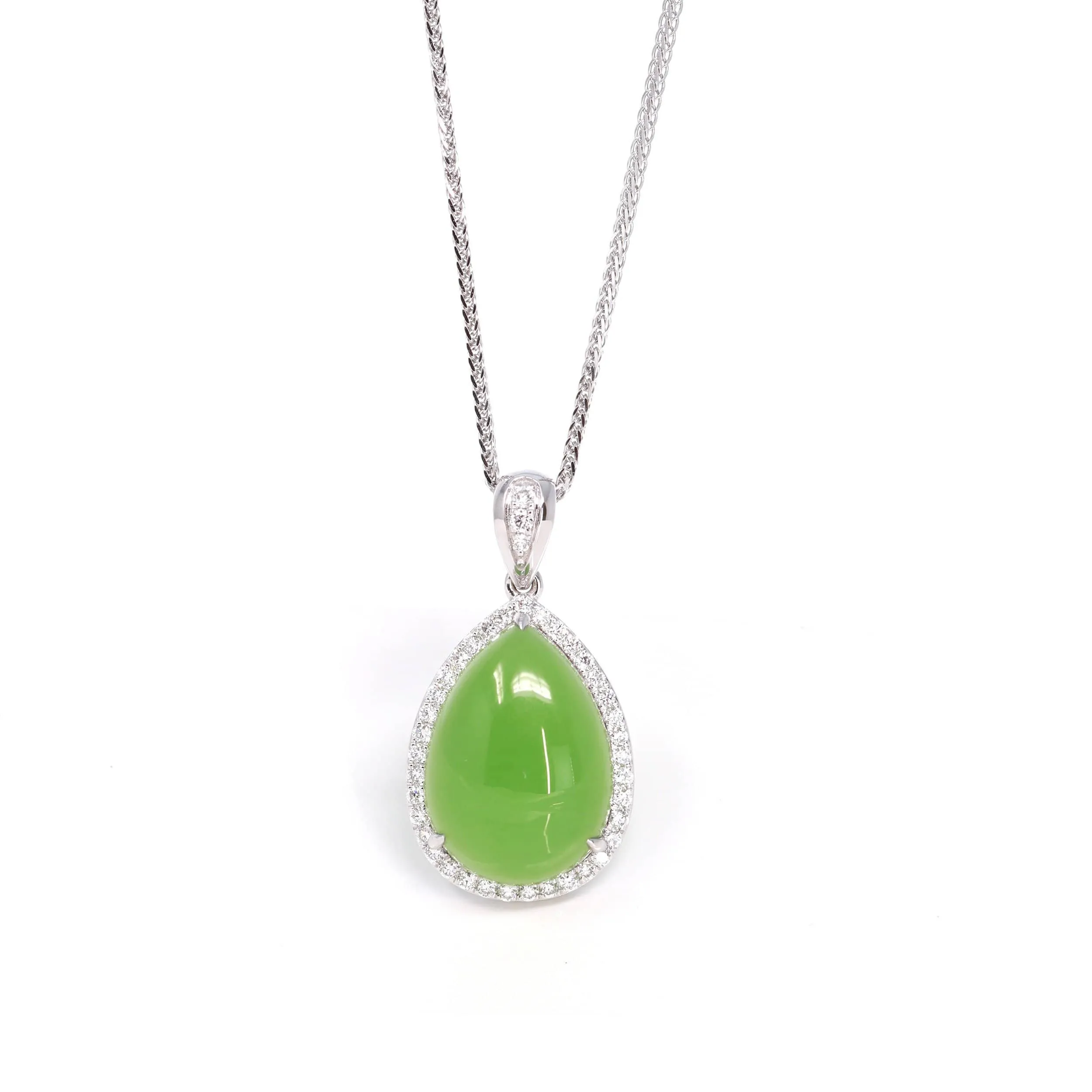 RealJade® Sterling Silver Genuine Green Nephrite Apple Green Jade Tear Drop Pendant Necklace With Diamond