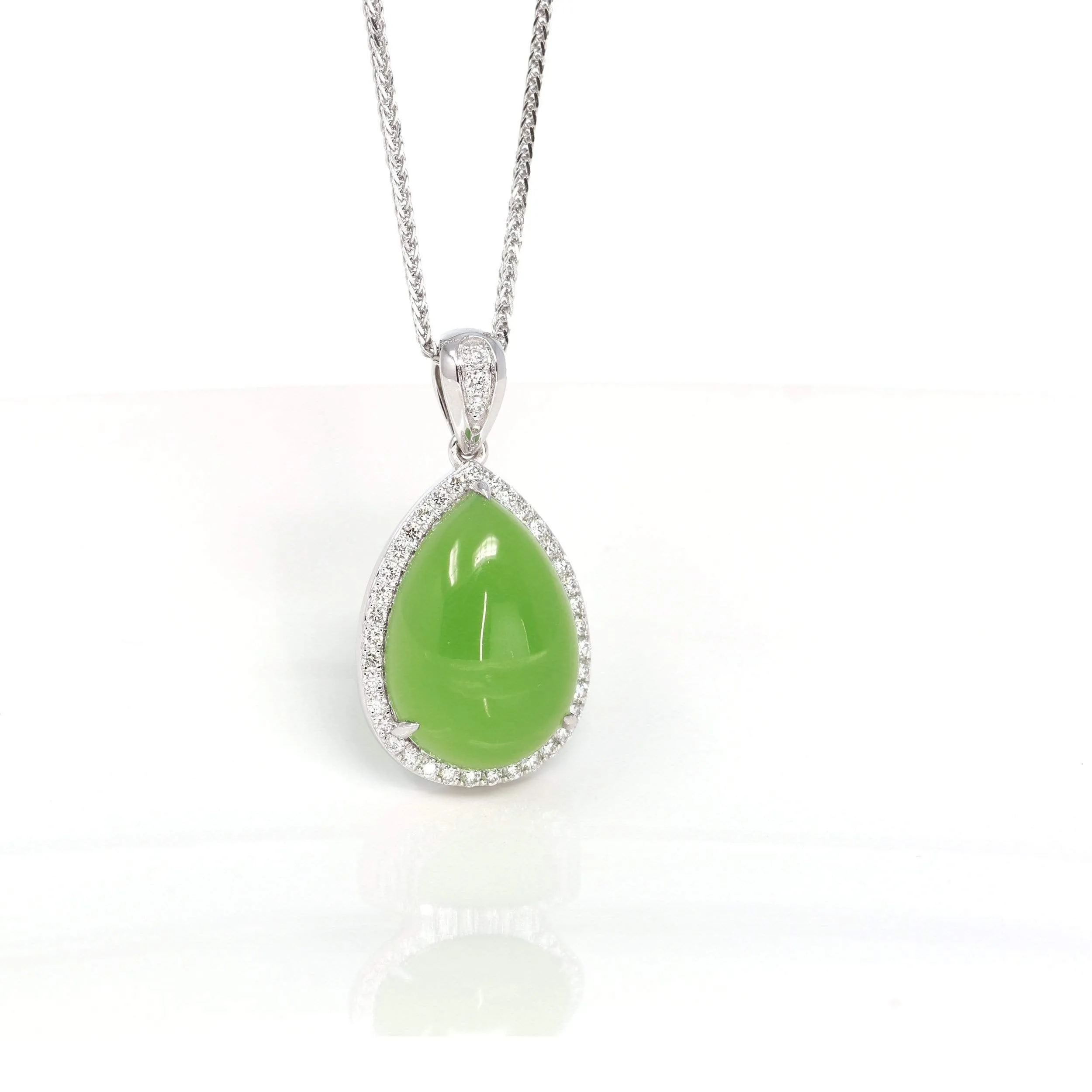 RealJade® Sterling Silver Genuine Green Nephrite Apple Green Jade Tear Drop Pendant Necklace With Diamond