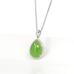 RealJade® Sterling Silver Genuine Green Nephrite Apple Green Jade Tear Drop Pendant Necklace With Diamond