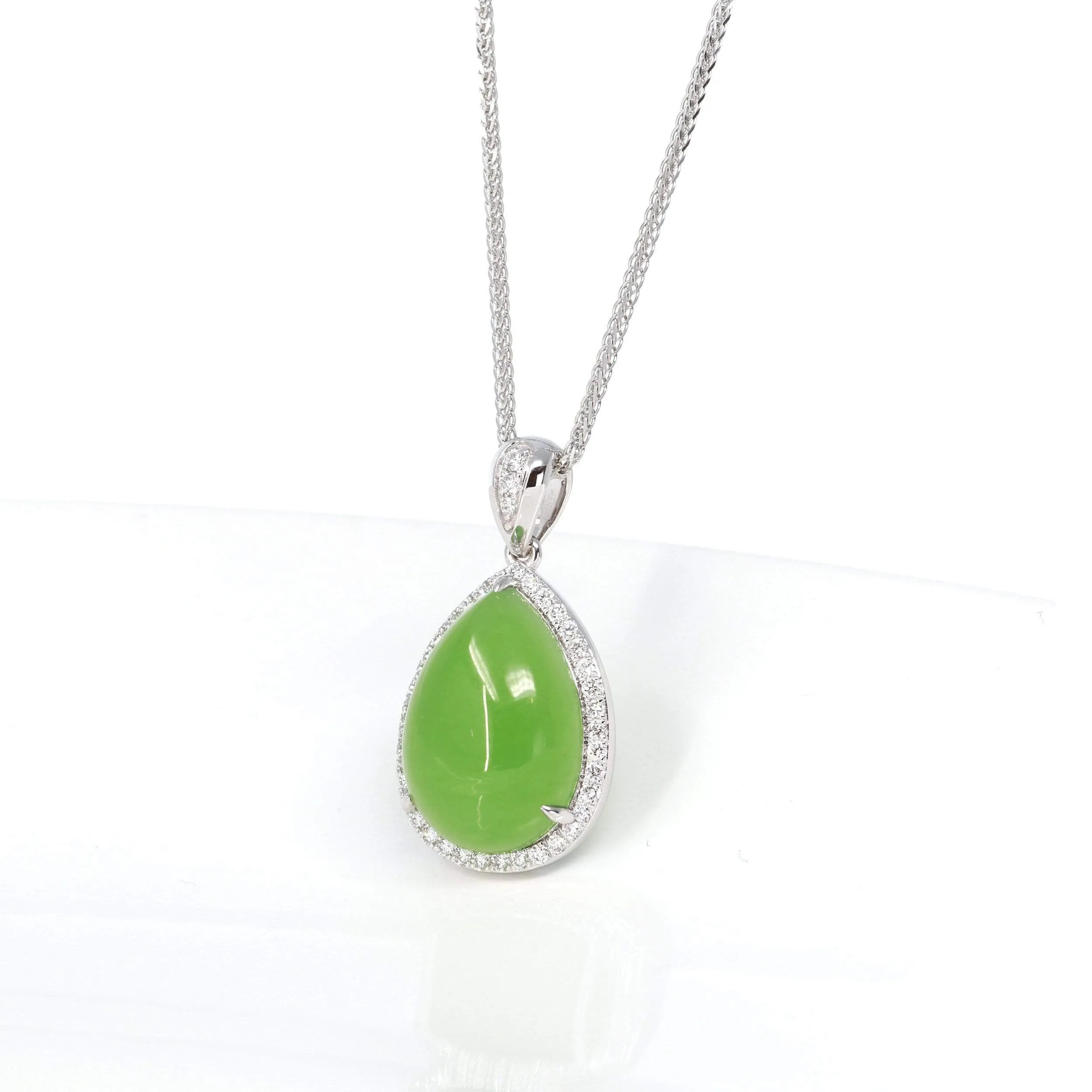 RealJade® Sterling Silver Genuine Green Nephrite Apple Green Jade Tear Drop Pendant Necklace With Diamond