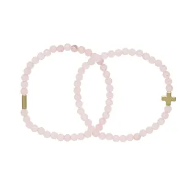 Rose Quartz & Gold Elastic Bracelet Set of 2