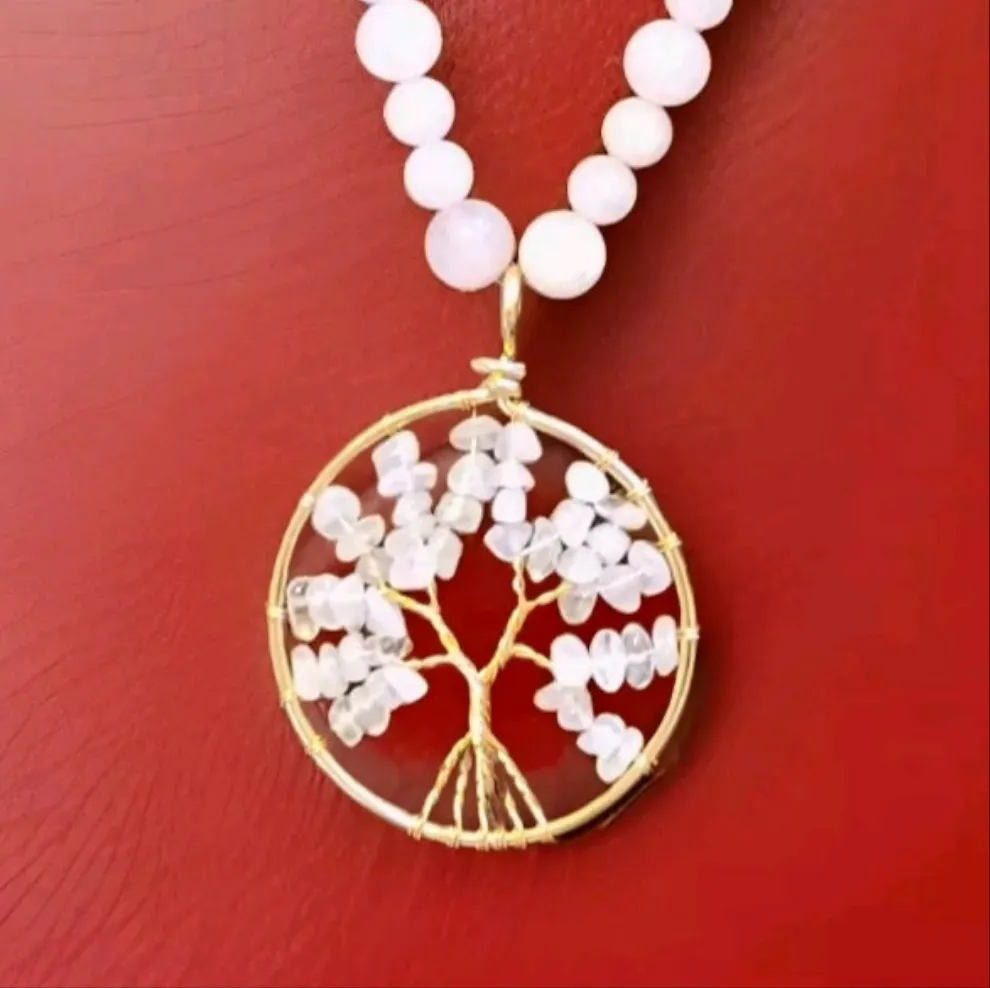 Rose Quartz Tree of Life Pendant Necklace "Golden Harmony"