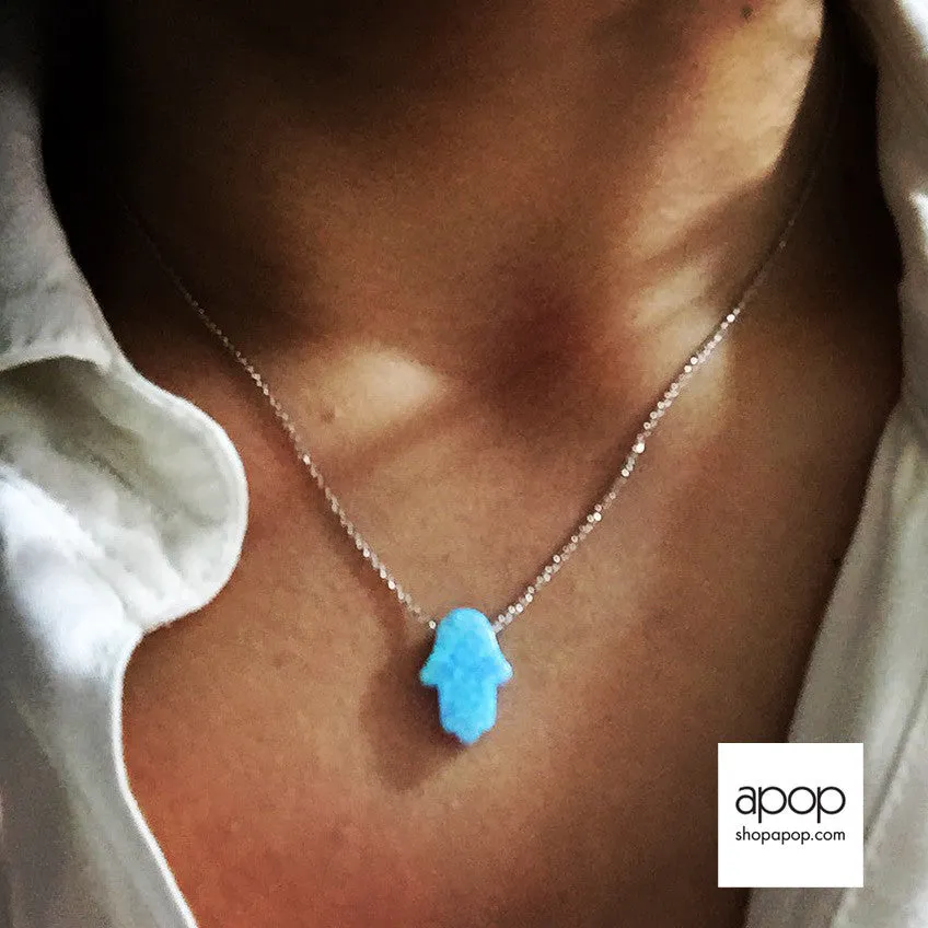 Rosy Blue Opal Hamsa Necklace