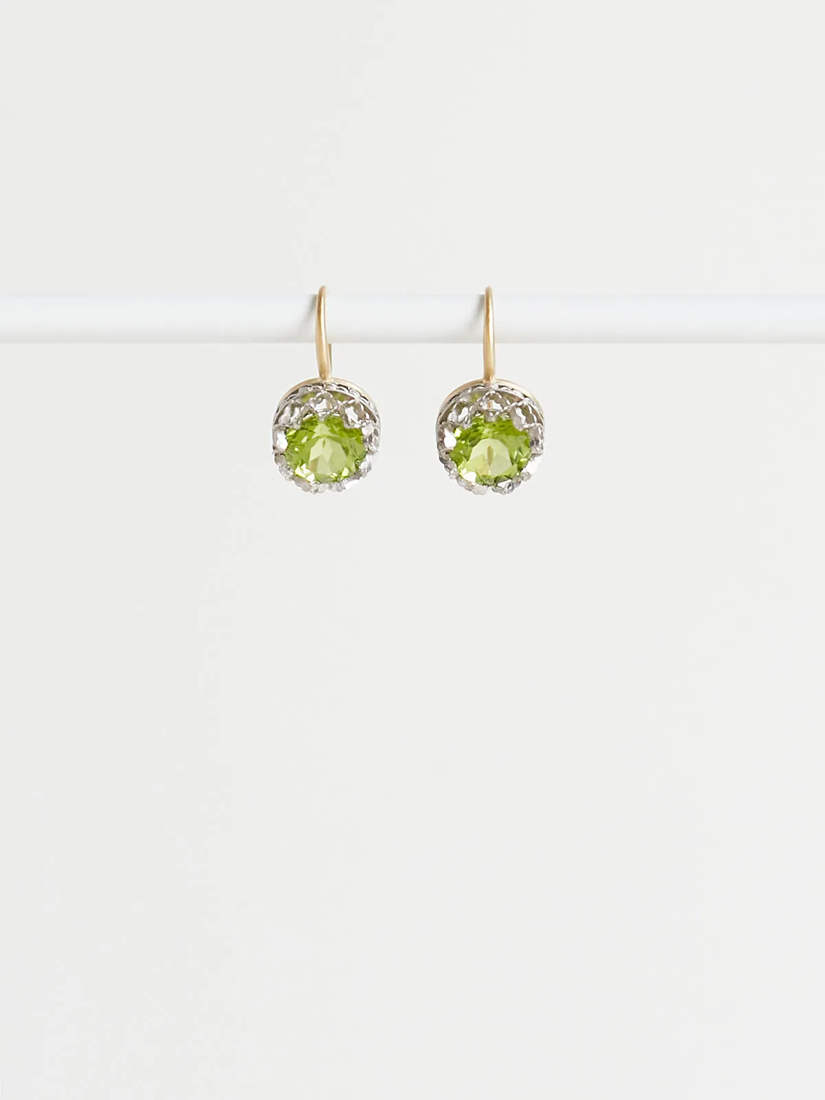 Round Lacy 8mm Faceted Peridot Earrings in 18k Yellow Gold and Platinum