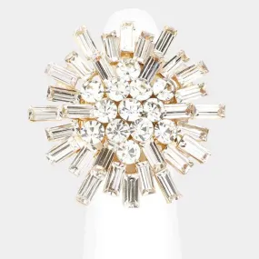 Round Rectangle Clear Stone Cluster Gold Stretch Ring