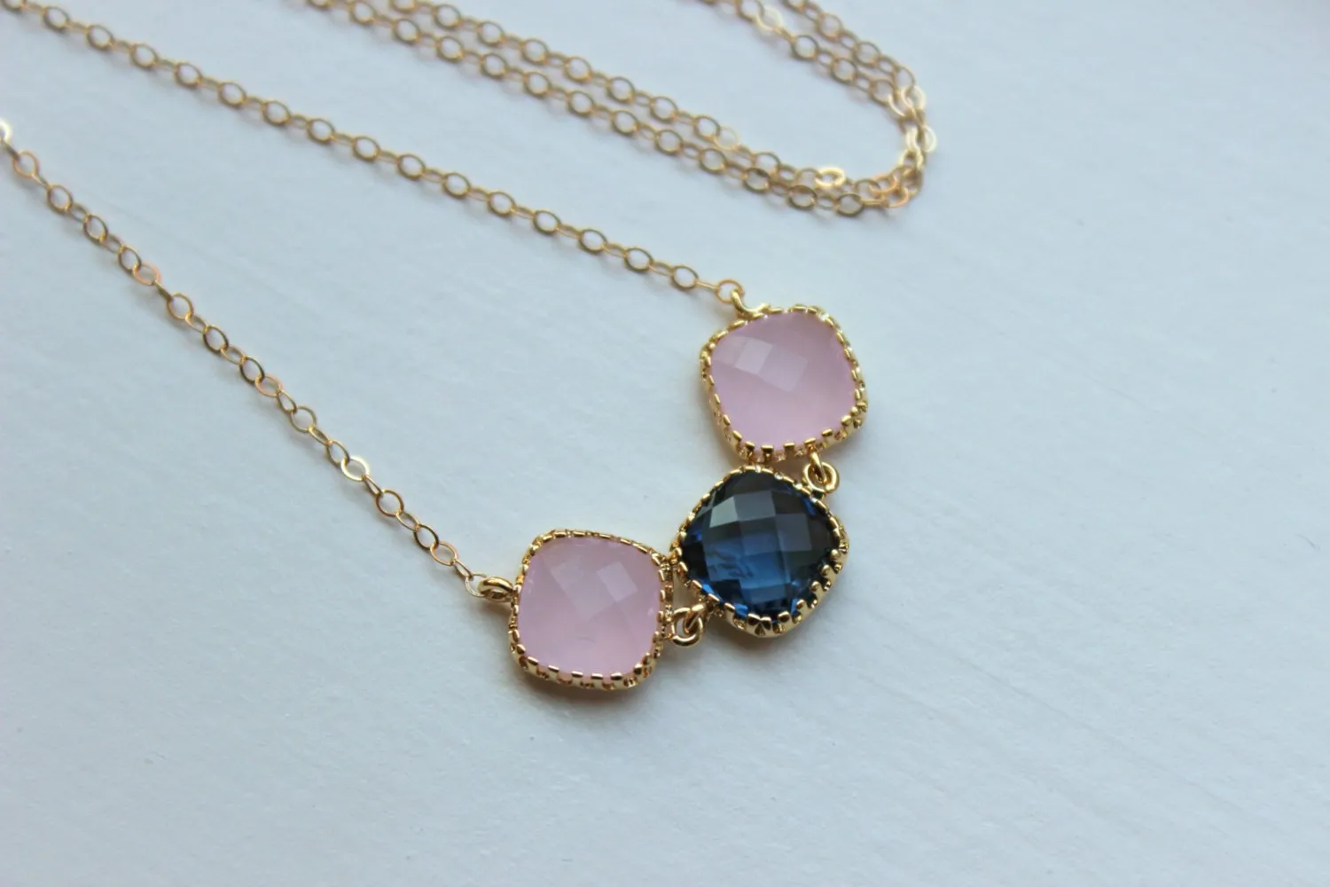 Sapphire Blue Pink Opal Necklace Gold Filled Chain - Navy Blue Blush Jewelry - Wedding Jewelry - Bridesmaid Jewelry - Bridesmaid Necklace