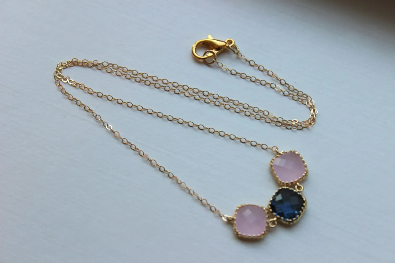 Sapphire Blue Pink Opal Necklace Gold Filled Chain - Navy Blue Blush Jewelry - Wedding Jewelry - Bridesmaid Jewelry - Bridesmaid Necklace