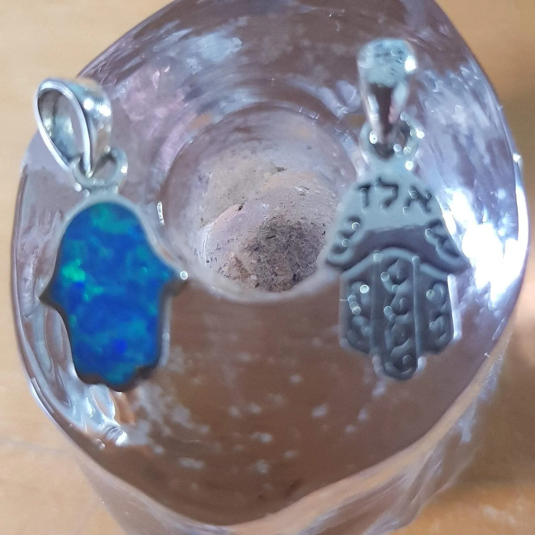 Silver hamsa blue opal 16 mm long