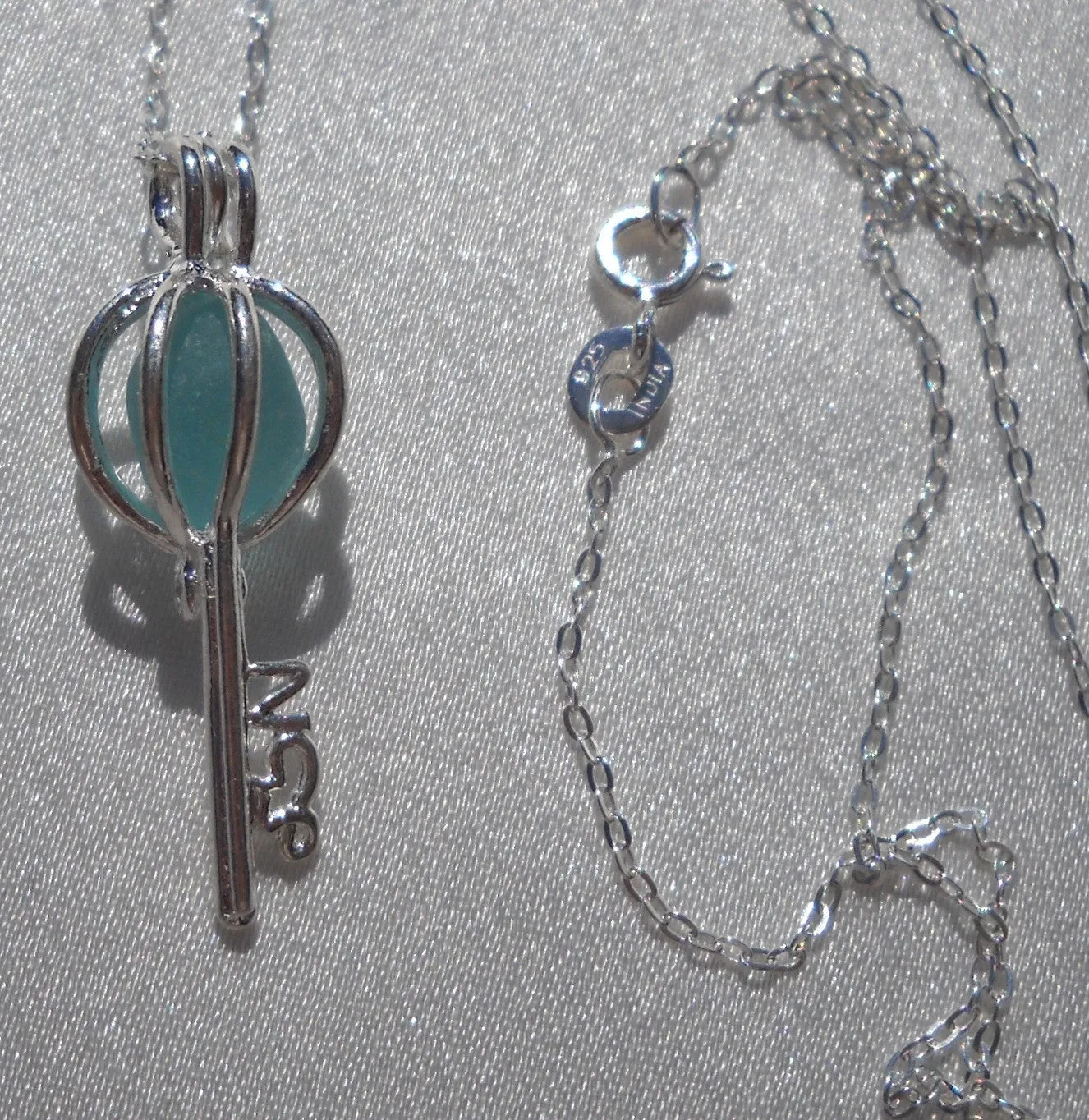 Skeleton Key Necklace Aqua Blue Sea Glass