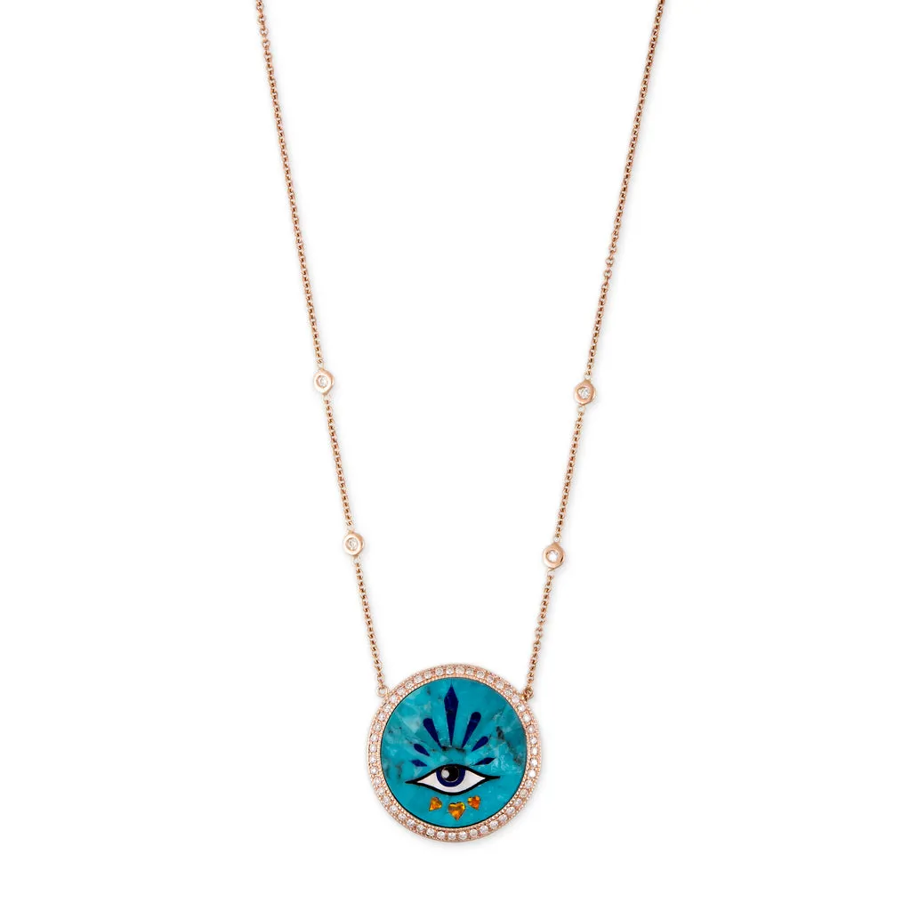 SMALL PAVE 3 HEARTS EYE BURST TURQUOISE INLAY NECKLACE