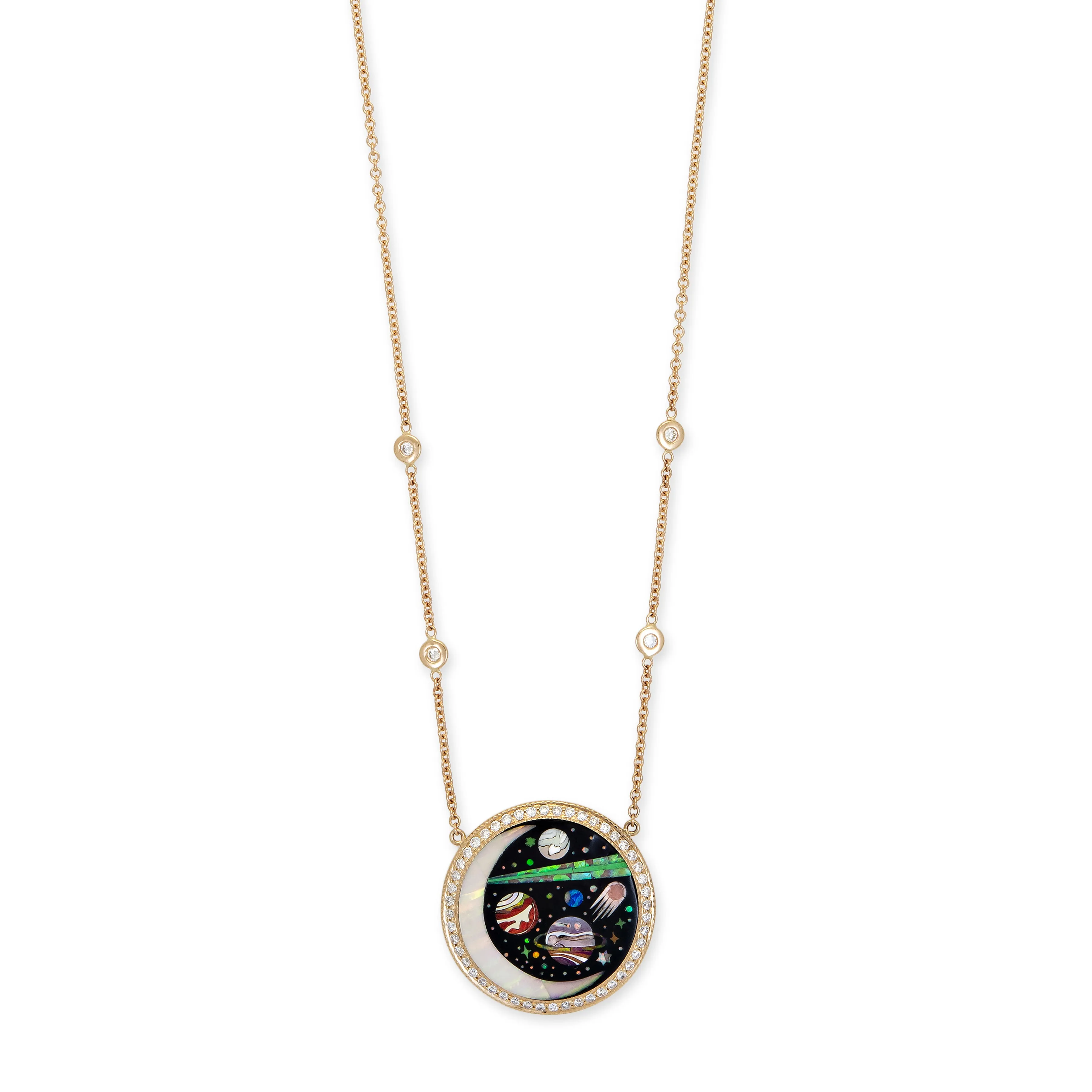 SMALL PAVE ROUND ONYX   OPAL CRESCENT GALAXY PLANET INLAY NECKLACE