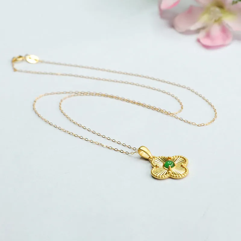 Sterling Silver Ice Jade Clover Pendant Necklace with Natural Jade Bead
