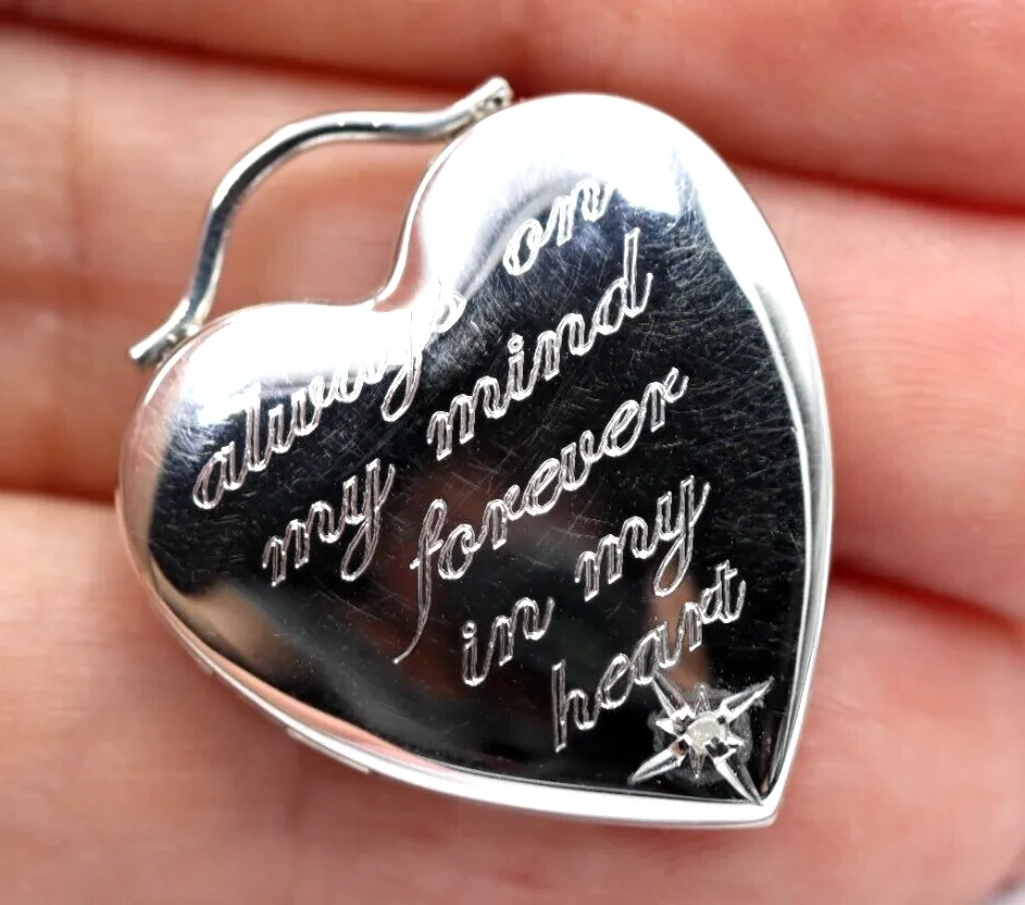 Sterling Silver Oval Diamond Engraved Heart Locket 2 pictures   Chain