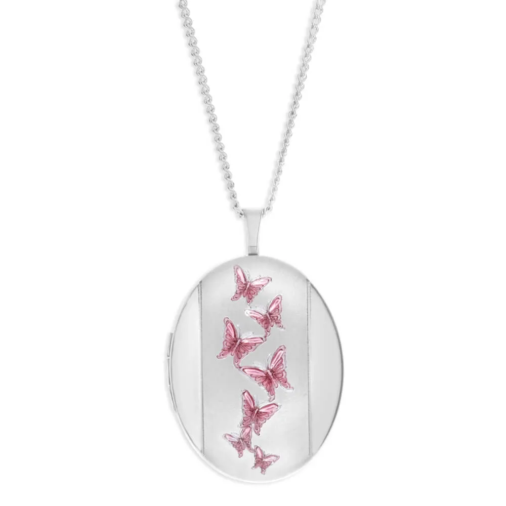Sterling Silver Pink Butterfly Oval Locket 20mm