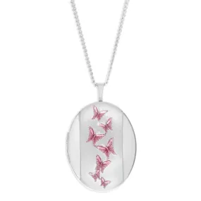 Sterling Silver Pink Butterfly Oval Locket 20mm