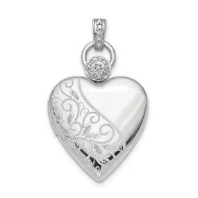 Sterling Silver Rhodium-plate 21mm Heart Dia. Accent diamond cut Satin Locket