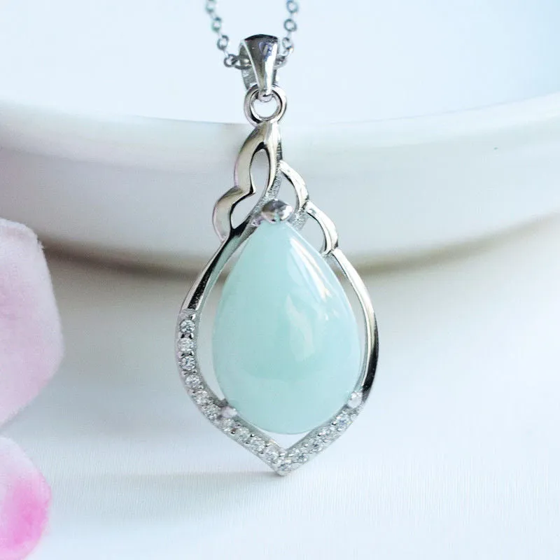 Sterling Silver Water Drop Jade Necklace with Zircon Accents