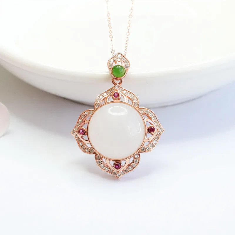 Sterling Silver White Jade Flower Necklace with Hetian Jade Pendant