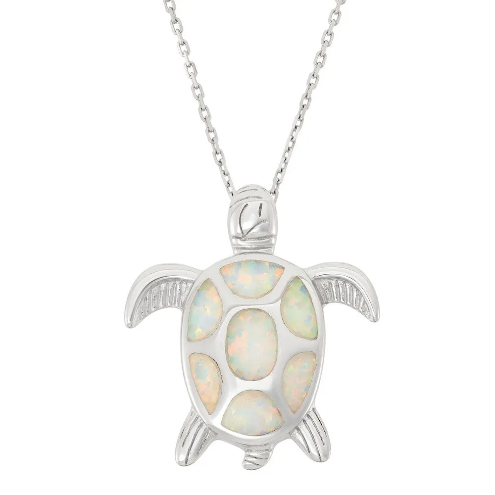 Sterling Sliver White Inlay Created  Opal Sea Turtle Necklace (90639)
