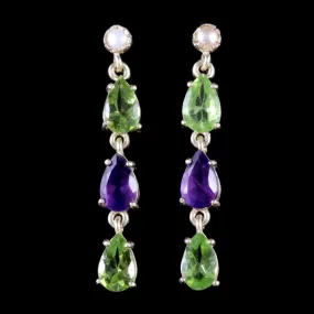 Suffragette Earrings 9Ct Gold Pearl Peridot Amethyst