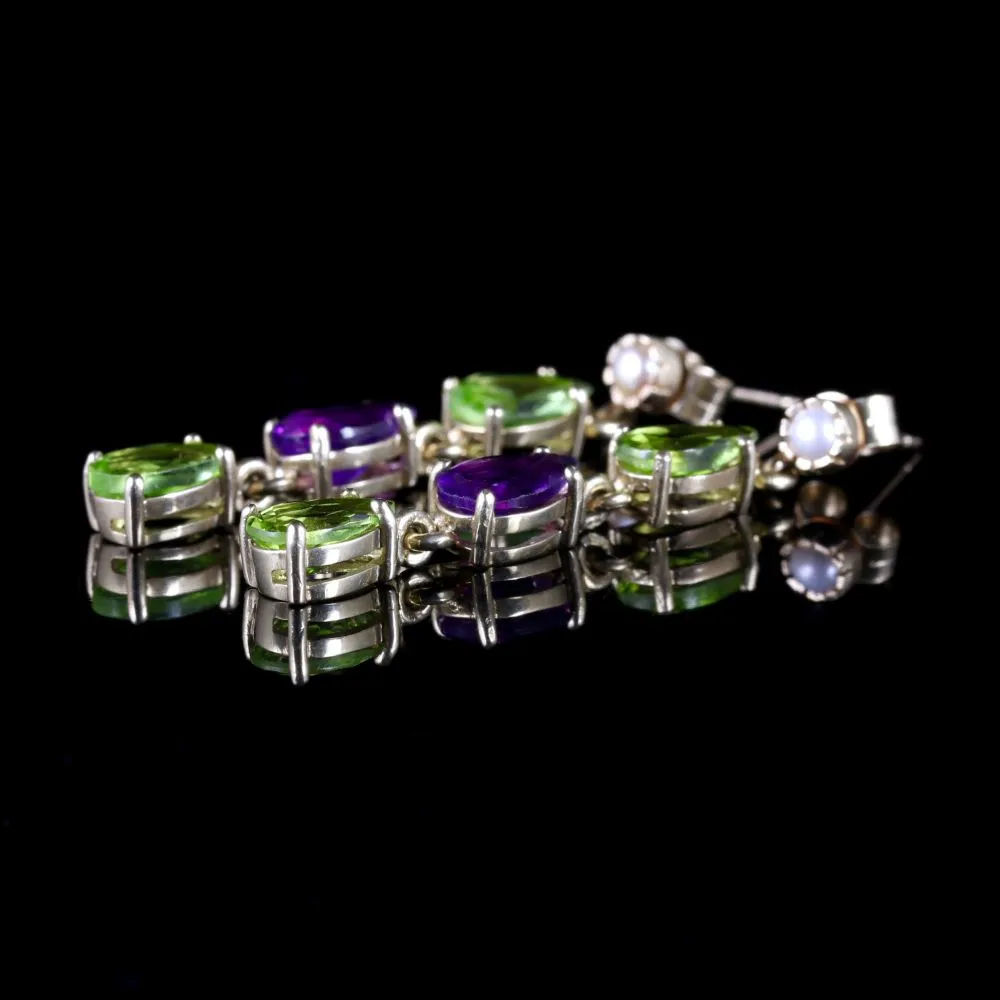 Suffragette Earrings 9Ct Gold Pearl Peridot Amethyst